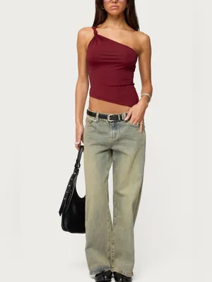 Edikted Knotted One Shoulder Asymmetric Top Maroon Small NWOT thumbnail 4