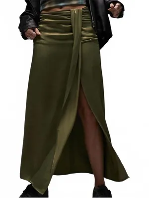 Topshop Ruched Front Vent Satin Maxi Skirt Sarong Skirt NWT Green Size 2 thumbnail 1