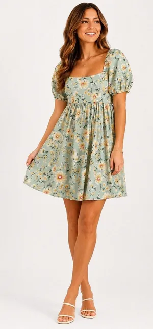 Altar’d State Floral Babydoll Mini Dress Puff Sleeve Sage Green Medium thumbnail 1