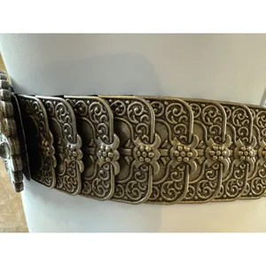 Belt OSFM Metal Silver Tone Elastic Stretch Oval Buckle w/ Enamel & Bling Vtg thumbnail 4