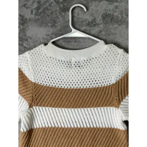 Maeve Open Stitch Mesh Sweater Women's XXS Tan Cream Striped Short Sleeve Knit thumbnail 4