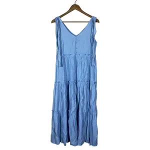Blu Pepper Tiered Solid Maxi Dress Light Blue Cottagecore Tie Shoulder Size S thumbnail 2