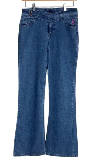 Playboy Bunny Jeans Size‎ 5 Blue Flare Cut Vintage Y2K Embroidered thumbnail 1