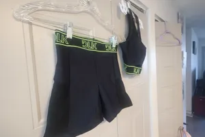 DLK Workout exercise loungewear casual summer active shorts and one should top sports bra set in black and lime green thumbnail 3