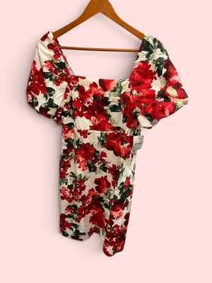 Cute Red floral puff sleeve smock back NWT Julia Jordan dress festive fiesta thumbnail 1