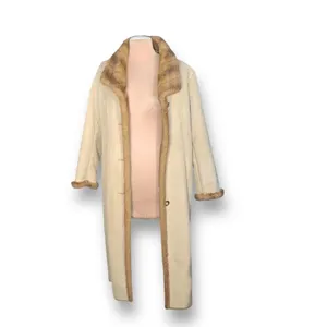 Vintage 90s Longline Cream Vegan Suede Leather Coat Faux Fur Collar Trim Large‎ thumbnail 11