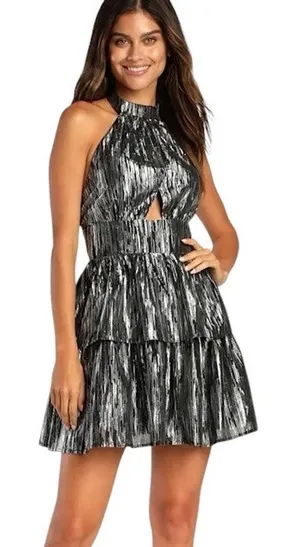 Lulus Divine Disco Black Metallic Silver Halter Tiered Mini Dress Size Small thumbnail 1