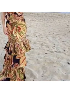 Zara Womens tropical leaf linen blend tiered ruffle skirt Small Hawaiian Beach thumbnail 3