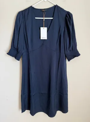 NWT Quince Silk Dress Women Size S Navy Blue V-Neck Puff Sleeve Washable Silk thumbnail 1