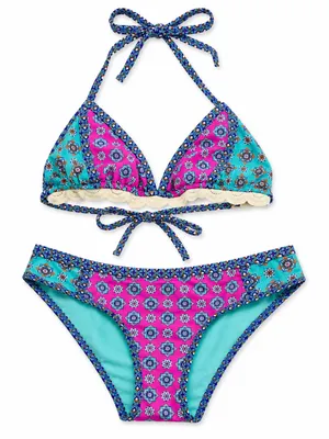 Pink Turquoise Blue Geometric Crochet Trim Triangle Bikini Set Size M Boho Y2K thumbnail 1