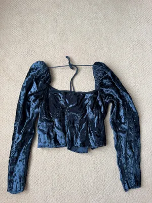 Free People navy blue velvet long sleeve crop top with tie back detail thumbnail 2