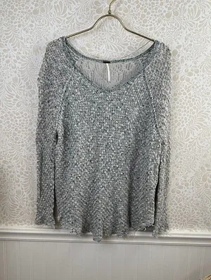Free People Gray and Blue Poppyseed Knit Lace Pullover Sweater - Size - Small thumbnail 1