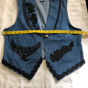 90s Vintage Embroidered navy blue jean denim vest black beading - a unique, western-inspired piece #westernvibes #countrychic #boho #indie Size M, Measurement in pics thumbnail 5