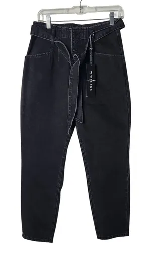 White Fox Black Denim Tapered Leg Button Fly High Rise Belted Ankle Jeans Medium thumbnail 1