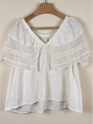 White Crochet Lace Old Navy Short Sleeve Peasant Top L thumbnail 2