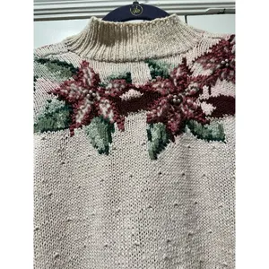 Vntg Talbots Christmas Holly Poinsettia Sweater Womens XL Bow Ivory Knit By Hand thumbnail 9