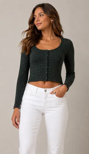 Madewell Medium Dark Green Black Gingham Cropped Button Front Top Holiday Grunge thumbnail 1