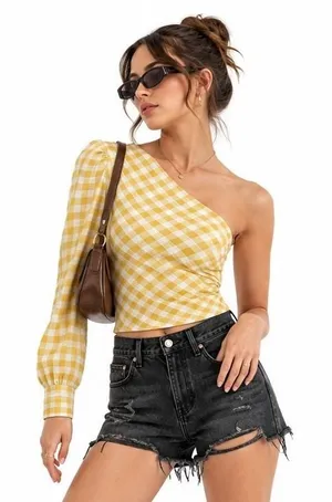 Zara One Shoulder Gingham Ruched Crop Top Pastel Yellow Size XS‎ thumbnail 1
