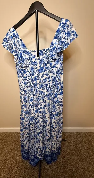 Chenault Pink & Violet Blue Floral Print Ruffle Sleeve Maxi Dress‎ Size L thumbnail 3