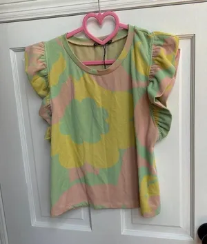 Zara pastel floral groovy ruffle-sleeve top playful pink, yellow women's large thumbnail 1