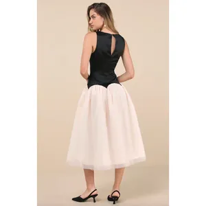 Lulus Contemporary Elegance Black and Cream Satin Tulle Midi Dress Large NWT thumbnail 2