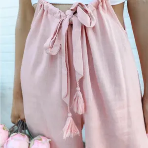 NEW Mazik Wide Leg Linen Jumpsuit Boho Pink MEDIUM Suspender Overalls Tassels thumbnail 5