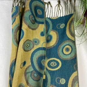 Pashmina Blue & Tan Circle Print Rectangular Reversible Tassel thin knit Scarve thumbnail 3