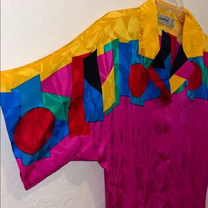 Vintage Adrianna Papell Bright Short Sleeve Silk Blouse Vibrant Blouse Retro thumbnail 5