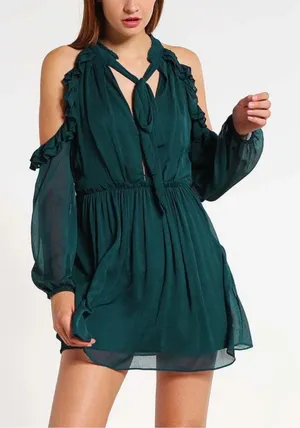 Free People Whimsy Fairycore Teal Green Ruffle Cold Shoulder Mini Dress | Sz 2 thumbnail 1