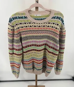 Zara Geometric Pattern Knit Sweater Multicolor Crewneck Women XL Nordic Style thumbnail 1