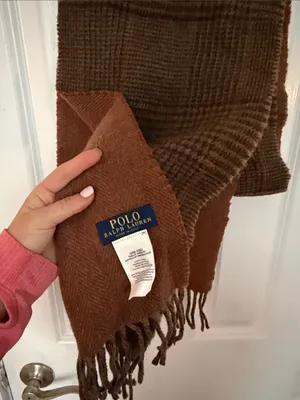 Ralph Lauren Houndstooth Purple Brown Fringe Scarf thumbnail 2