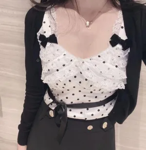 Japanese White Silky Lace Vintage Black Polka Dotted Ribbon Bow Tank Top Blouse thumbnail 5