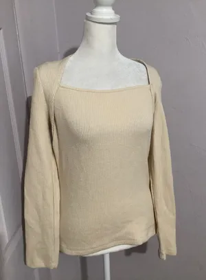Anthropologie Square Neck Balloon Puff Sleeve Knit Sweater Cream M thumbnail 1