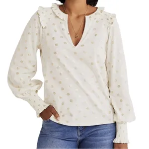 Boden White Gold Print Smocked Long Sleeve‎ V Neck Top thumbnail 1