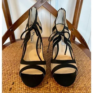 Nina Caleya black mesh tie closure stiletto heels sz 8 thumbnail 3