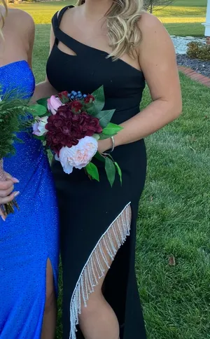Sherri Hill Black Prom Dress with Fringe down the leg slit thumbnail 2