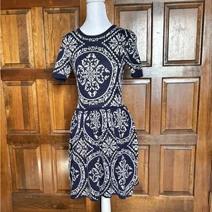 Romeo & Juliet Couture Damask Knit‎ Skater Sweater Dress Navy Blue White XS thumbnail 4