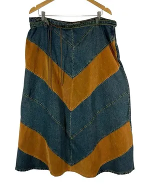 Vintage Y2K Jukebox Blue‎ Brown Maxi Skirt Velvet Boho Size 1X thumbnail 1