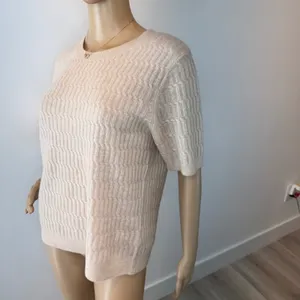 Magaschoni 100% Cashmere Short‎ Sleeve Sweater Cable Knit Beige Tan Womens S M thumbnail 3