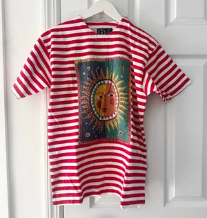 I AM Vintage Red White Stripe Sun Moon Embroidered Beaded Cotton Y2K Small 3D thumbnail 1