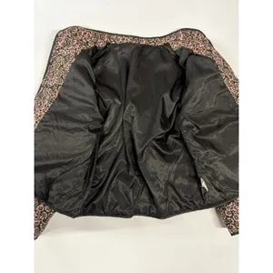 Floral Quilted Puffer Jacket Pink Green Black Open Front Pockets Large thumbnail 6