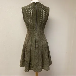 Olive Green Laser Cut Faux Suede Fit & Flare Dress Small thumbnail 2