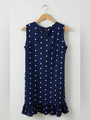Navy Blue and White Polka Dot Round Neck Sleevekess Mini Dress with Ruffle Hem thumbnail 2