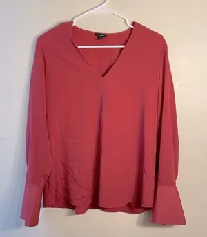 Ann Taylor deep coral vneck blouse long sleeves business casual women’s‎ top thumbnail 1