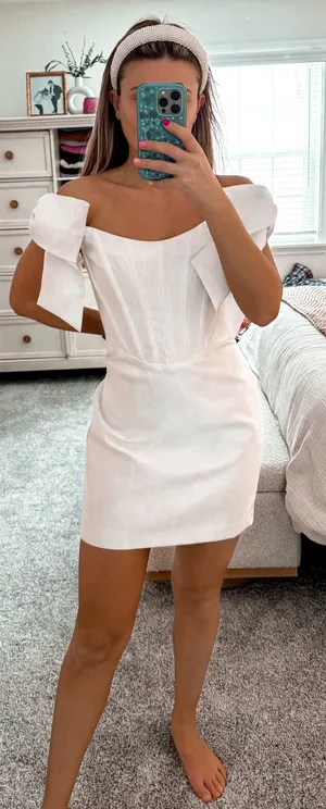 Alfred Sung White Corset Mini Dress With Bow Sleeves thumbnail 1
