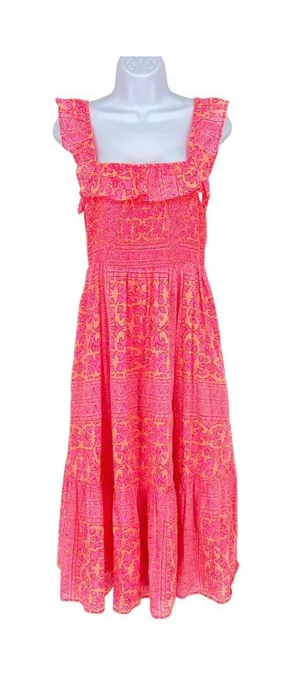 Vineyard Vines Neon Tortola Smocked Midi Dress Vibrant Pink Orange Size Medium thumbnail 1