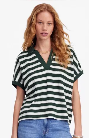 Madewell striped fall pumpkin patch casual preppy green white knit polo top L thumbnail 1
