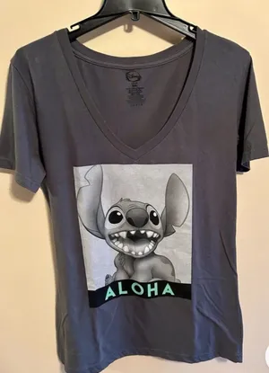 Disney Gray V Neck Stitch Graphic T Shirt Junior Size XXL Aloha 100% Cotton thumbnail 1