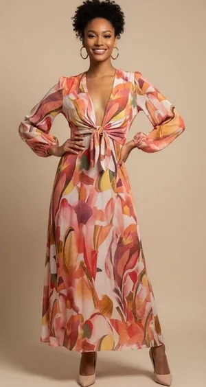 Petal & Pup Laquin Long Sleeve Maxi Dress Abstract Floral Cutout Bow Back Large‎ thumbnail 1