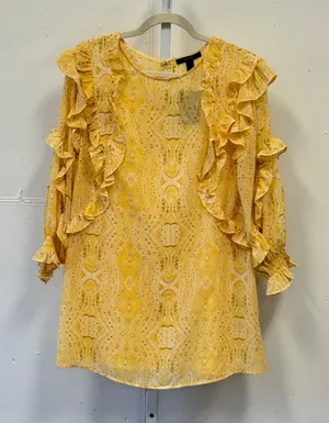 Forever 21 Yellow Paisley Ruffle Mini Dress Long Sleeve Smocked Cuffs Size Small thumbnail 1